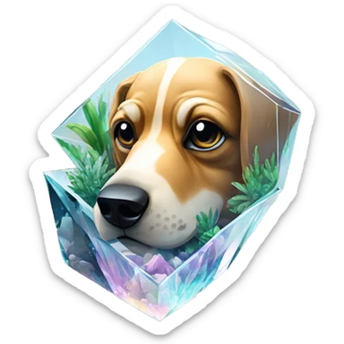 A dog made of glass mirror crystals prisms glass transparent filled with plants as a terrarium with graffiti doodles sticker