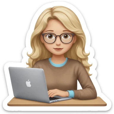 blonde girl with long dark blonde wavy hair, pantos-style glasses, a brown sweater, sitting with a laptop, looking in laptop, soft pastel, upper body shot sticker