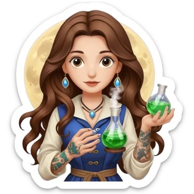 moon alchemist woman long wavy brown hair tattoos holding small potion sticker