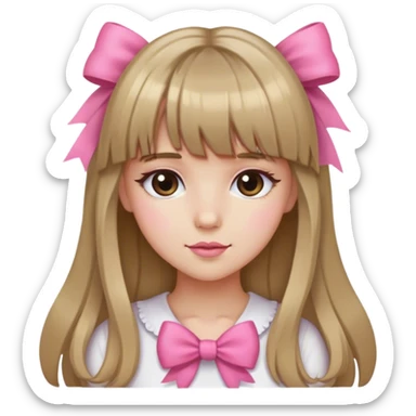 a girly girl with dark blonde and long hair with bangs and a pink bow sticker
