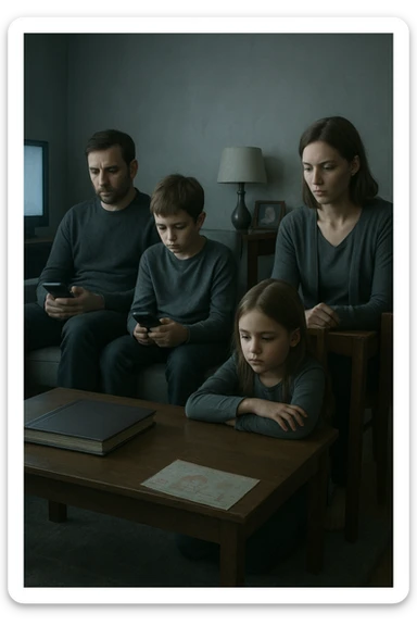 Famiglia composta da padre, madre e uno o due figli seduti nello stesso ambiente domestico (salotto o tavola da pranzo), ma ciascuno è assorto nei propri pensieri, con espressioni spente e distaccate. Nessuno si guarda o sorride. I colori dell’ambiente sono freddi e grigi, la luce è debole. Intorno a loro, simboli di disconnessione: telefoni in mano, TV accesa ma ignorata, silenzio. L’atmosfera è visivamente carente di calore emotivo. Nessun contatto fisico, postura rigida. Un dettaglio visivo come un album di foto chiuso sul tavolo o un disegno dei figli dimenticato sul pavimento accentua la mancanza di dolcezza e unione sticker
