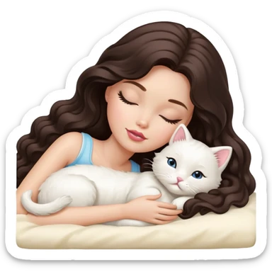 White Barbie girl dark brown long wavy hair sleeping with white kitty at cream bed sticker