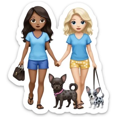 2 pretty women in beach clothes, one walking a black chihuahua puppy, one hazel eyed light skin with dark brown wavy long hair, walking a blue and gray spotted Merle Frenchie the other blue eyed light skin long blonde hair walking a black chihuahua  sticker