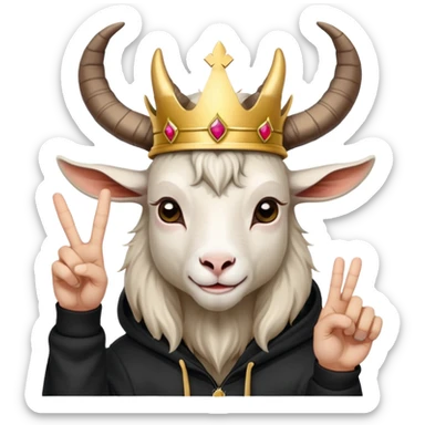 Goat with horns wearing black hoodie and a royal crown do the peace sign sticker