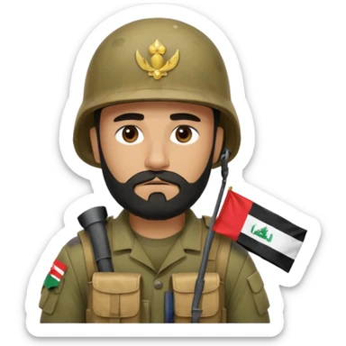 A very tired and sad, swarthy Iraqi soldier with a beard, an Iraqi flag on his helmet, a sad expression and bags under his eyes sticker