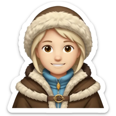 Fantasy human emoji portrait, simple winter mantle with fur trim on shoulders, northern winter vibe, restrained colors, clean flat emoji design, male/female variant
 sticker