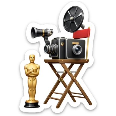Icon for Directing: a director's chair, a large film camera, a megaphone, a stage set with lights and an Oscar statuette. The icon should represent the creative and leadership aspects of directing, with focus on film and theater production. Transparent background. sticker