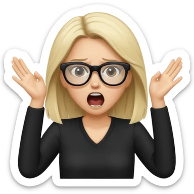 Young woman, wearing black clothes, brunette/blonde with loose hair, wearing white glasses, shouting bad words sticker