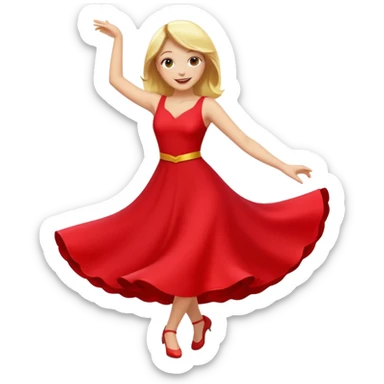 a yellow-blonde woman dancing wearing a red dress, in flat emoji / Apple style, smooth shapes, glossy highlights, bright saturated colors, simple features, minimal details, no outlines, red clothes flowing, joyful pose
 sticker