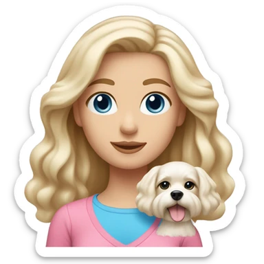 Girl with light skin, blonde white waves hair,blue eyes , wearing in pink top.  hold on Maltese dog sticker
