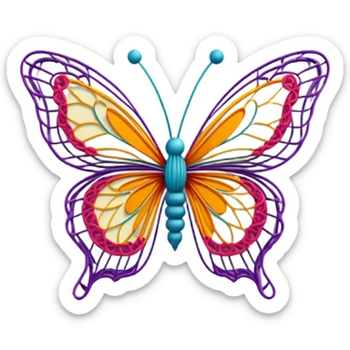 String art icon, colorful butterfly made with threads, wings formed by intricate thread patterns, body of the butterfly with visible thread ball structure, minimalistic style, clean lines, transparent background. sticker