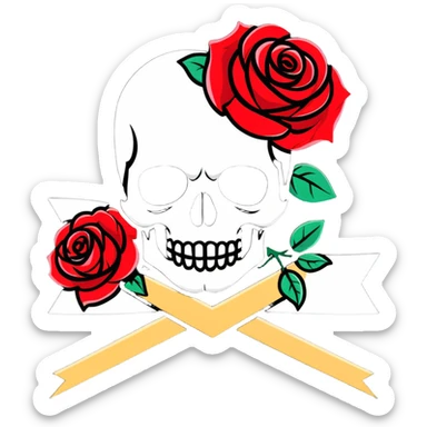 Traditional Americana tattoo art skull with bold outlines, red roses, and a banner sticker