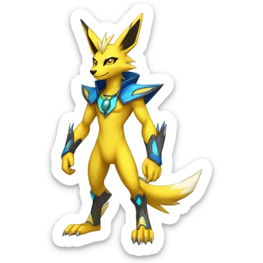Yellow Shiny Colorful Anthro Edgy Cool Sonic-Zeraora-Anubis-Renamon-Jolteon-Pokémon-Fakémon with shiny blue markings Full Body Detailed High Quality  sticker