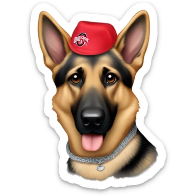 German Shepherd wearing an Ohio state bandana sticker