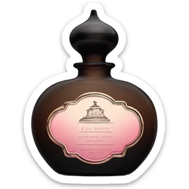 English vintage glass perfume bottle from my aristocratic grandmother, exquisite bottle shape, old and shabby, with label, stylish and minimalistic, black and brown with pink gradient  sticker