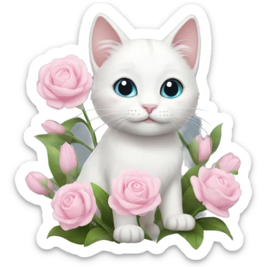 cute white cat holding light pink flowers sticker