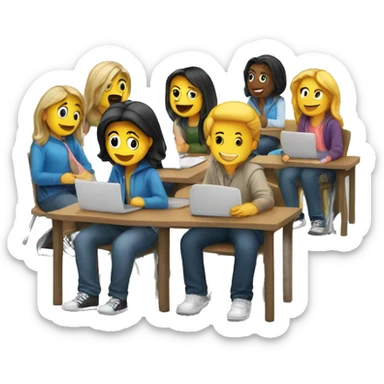 students sitting on desks and chatting sticker