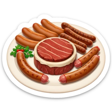 Meat dishes avatar in clean emoji-style illustration. Steak, roasted meat, and sausages, rich brown and red tones, simple shapes, flat design, hearty and appetizing. sticker