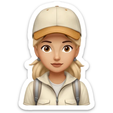 hiking woman on trail cream clothes baseball cap sticker