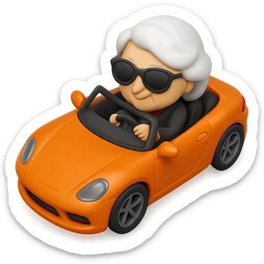 Show the old lady with white hair in the orange sports car from a top-down angle, in 3D emoji style, realistic, wearing sunglasses, no background. The style should resemble Microsoft style 3D fluent emojis with realistic details and no background. sticker