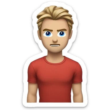 Medium length hair with a middle split that falls onto his face, male, wearing a red shirt, light brown hair, blue eyes, he’s angry  sticker