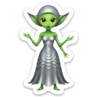 Green Alien woman with Cycloid scales, in silver dress, full figure, yellow eyes sticker