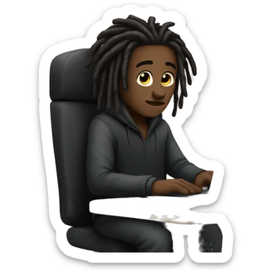 Black-guy-with-dreads-wearing-black-trackstuit-sitting-down-on-chair facing-foward-focused-on-laptop-computer- sticker