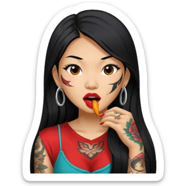 Beautiful Asian woman with long black hair and tattoos biting her lip sticker