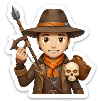 male human monster hunter emoji, wearing brown leather coat and wide hat, holding crossbow or rifle, with amulet shaped like skull, Halloween fantasy theme, confident smile, orange scarf, Apple emoji style, clean white background, square image sticker