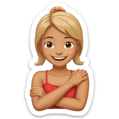 Girl with arms crossing and holding her neck laughing sticker