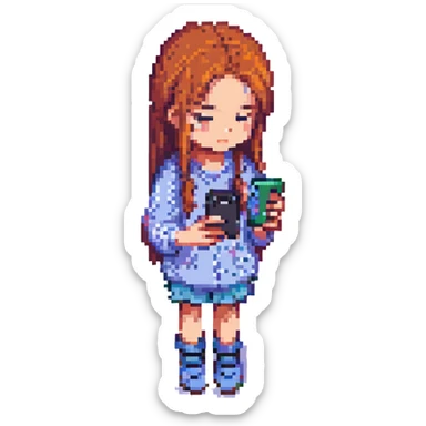 girl looking at mobile phone, pixel art style sticker