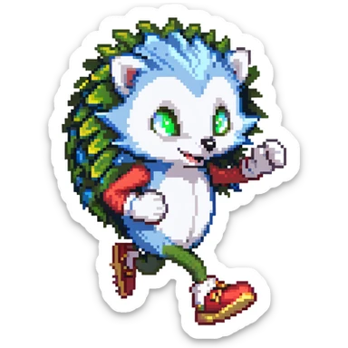 scene of a blue anthropomorphic hedgehog with spiky quills, large green eyes, white gloves, red shoes with white strap and gold buckle, running at high speed in a lush Green Hill Zone with looping hills, checkerboard terrain, golden rings, and motion blur lines, dynamic energetic pose sticker