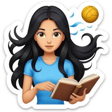 differemt hobbies floating back ground, 1 book, art, and sports, tanned long black hair woman, sexy sticker