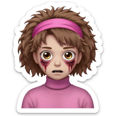 brown fluffy haired zombie with pink turtleneck sweater and hair band sticker