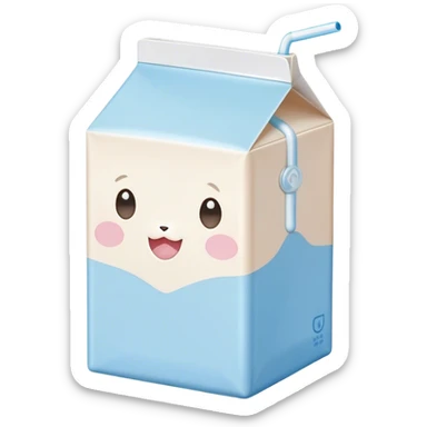 Cute Kawaii Milk Carton, small and boxy, bright pastel blue and white, blushing cheeks, a tiny straw poking out, soft glowing highlights, adorable farm-fresh cuteness! sticker