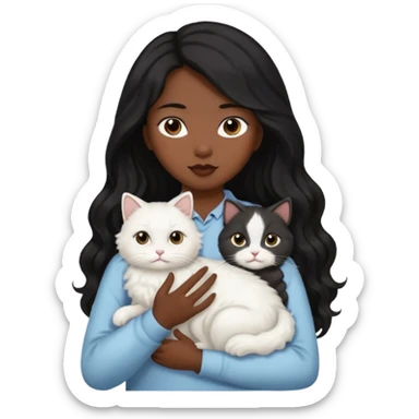 Asian woman with long black wavy hair holding cat white cat sticker