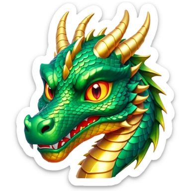 Cinematic Noble Dragon Portrait Emoji, Poised and majestic, with a sinuous, elongated body covered in intricately detailed, shimmering scales in hues of emerald and gold, and piercing, fiery eyes that reflect ancient wisdom; rendered with lifelike texture and natural highlights, high shine, intelligent and formidable, styled with an aura of mythic power, focused and attentive, soft glowing outline, capturing the essence of a legendary dragon that appears ready to soar out of the screen with timeless authority! sticker
