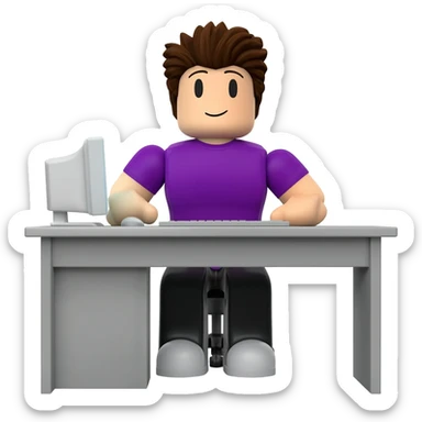 Genera un personaje de roblox de cuerpo completo sentado en un escritorio con una computadora con una playera color morado o verde y pelo cafe sticker