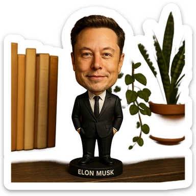 realistic features bobblehead of Elon Musk wearing a suit and tie sticker