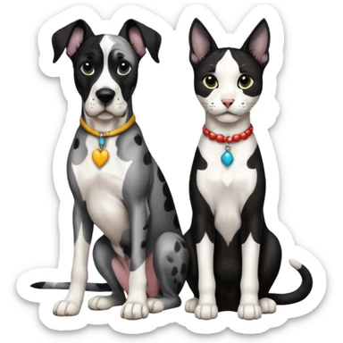 Harlequin great dane dog sitting with a black and white cat sticker