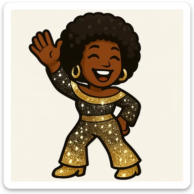 Create a 1970s disco emoji of a female African American waving with a joyful expression, afro hairstyle, and a sparkling disco outfit using only gold, silver, black, and white colors. The style is vibrant and pop colors icon style. sticker
