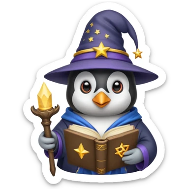 penguin wizard with a book of spells starry hat sticker