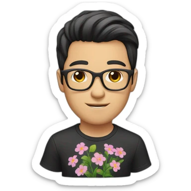 white guy with dark short hair wearing glasses and dark t-shirt with flowers print sticker