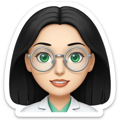 Woman with long, Black hair, Silver round Glasses and with green eyes as a dentist sticker