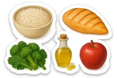 Riso basmati
Petto di pollo
Verdura fibrosa verde
Olio EVO
Mela sticker