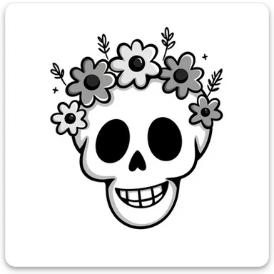 cheerful skull with flowers, visual concept combining happiness and death sticker