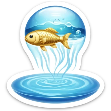 Shimmering golden capsule floating in flowing soft blue liquid currents, with an ethereal translucent fish circling around a glowing brain suspended in the fluid. Gentle waves of light pulsing outward from the brain, creating an aura of serenity, enhanced focus and mental clarity. sticker