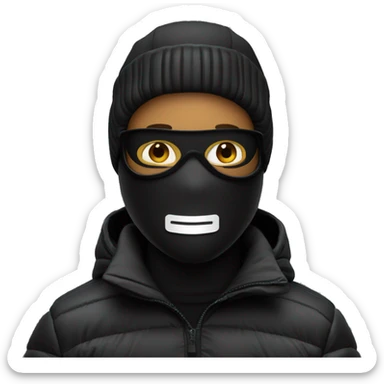 Man in all black, ski mask and puffer jacket, holding a credit card sticker
