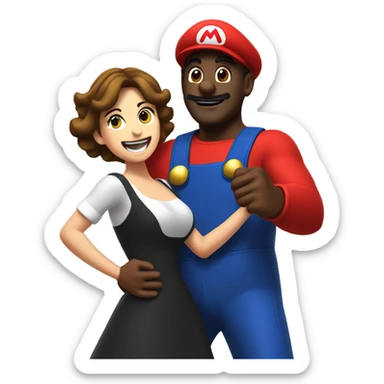 Black man wearing giant Mario costume dancing with brunette woman  sticker