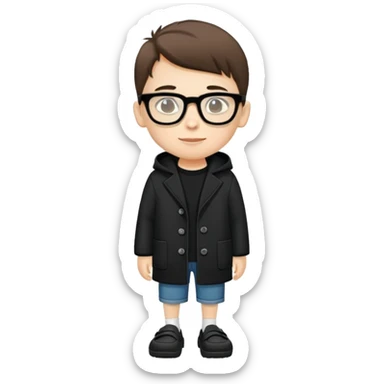 boy with glasses, short height, wearing crocs and a black coat sticker